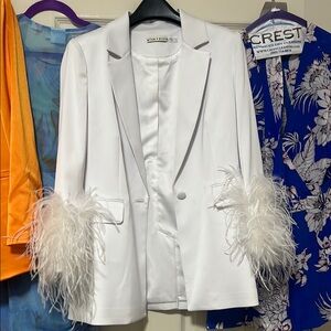 Alice + Olivia White Feather-Embellished Blazer + Shorts Set